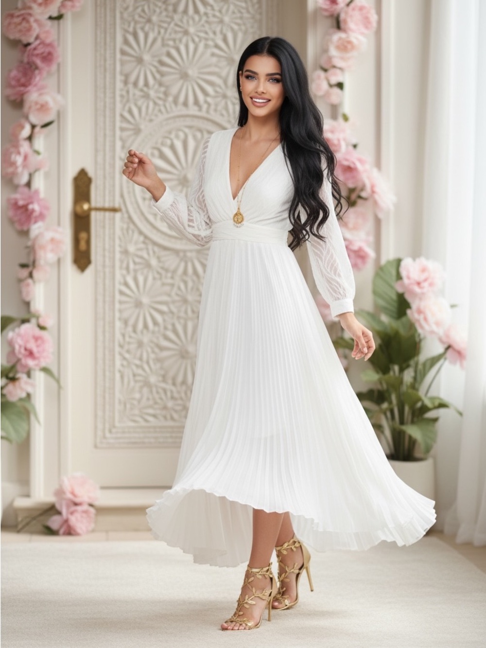 V-Neck White Pleated Maxi Dress with Sheer Long Sleeves